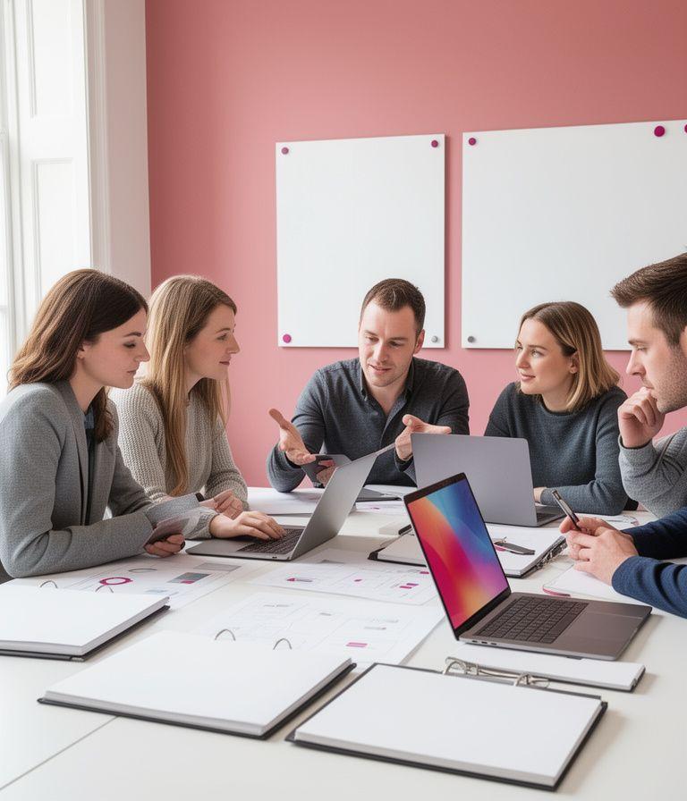 AI consultants reviewing a strategy workshop in a bright Dublin meeting room with notes and laptops