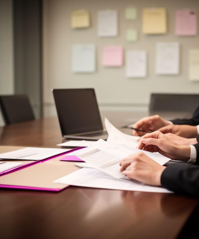 Consultants reviewing AI governance documents in a modern Dublin boardroom with a wall of risk notes