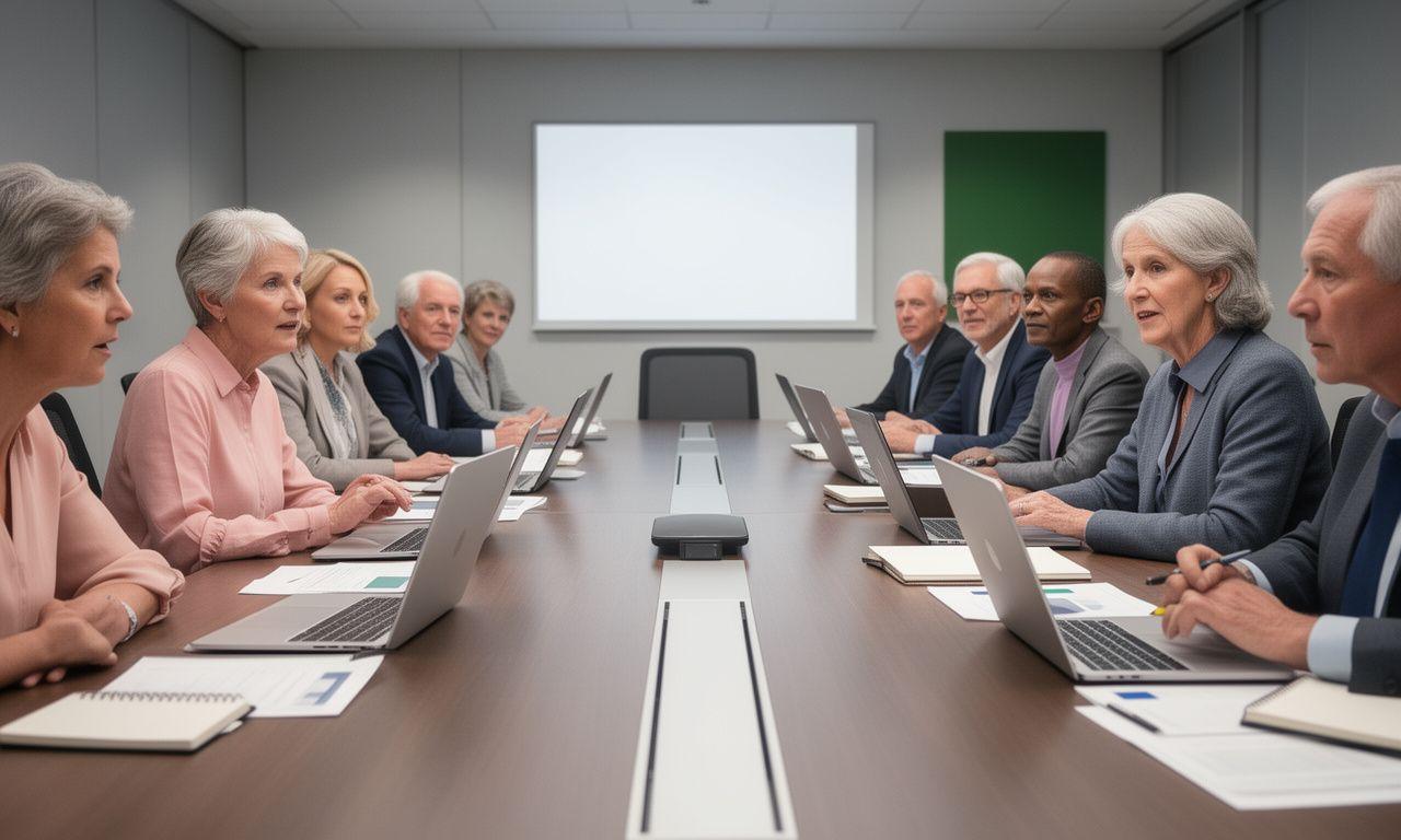 Senior leadership team in a conference room discussing AI governance procedures around a long table with laptops and notebooks