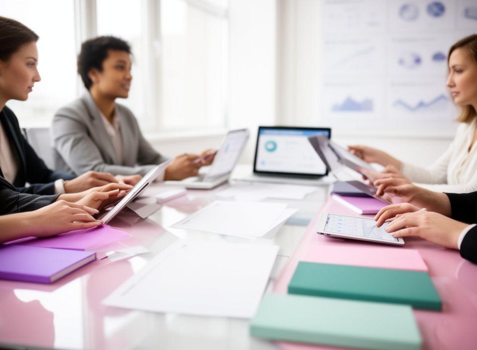Consultants reviewing AI service plans around a conference table in a bright Dublin workspace