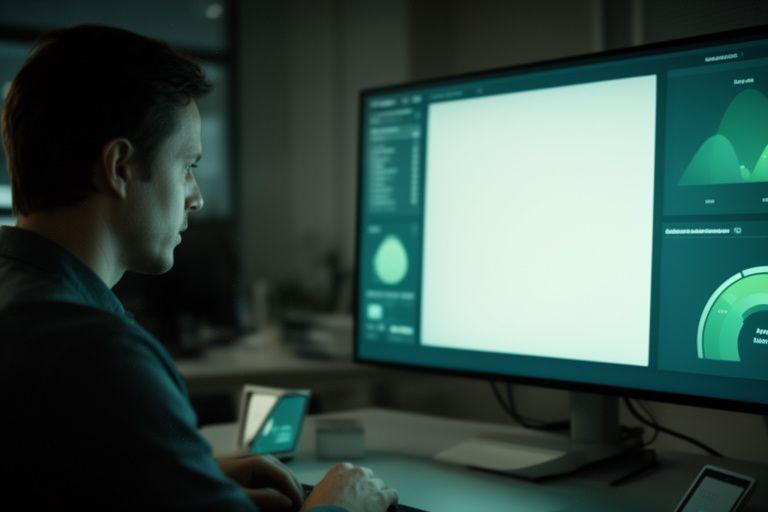 Operations manager studying a dashboard with automation KPIs and process timing metrics on a large screen