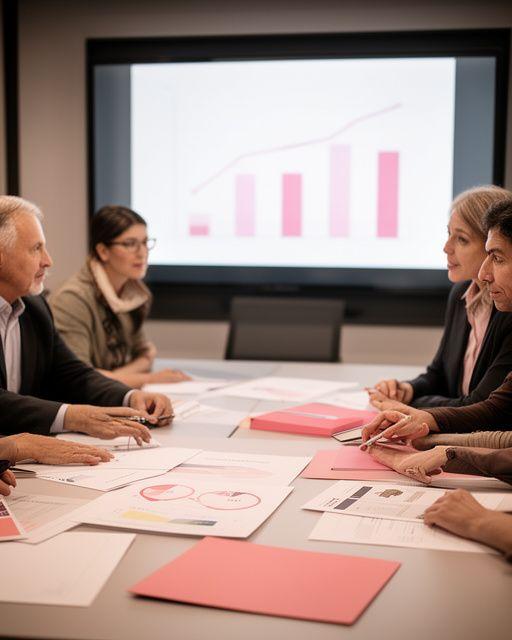 Business leaders discussing AI project results beside printed dashboards in a modern meeting room with notes and tablets