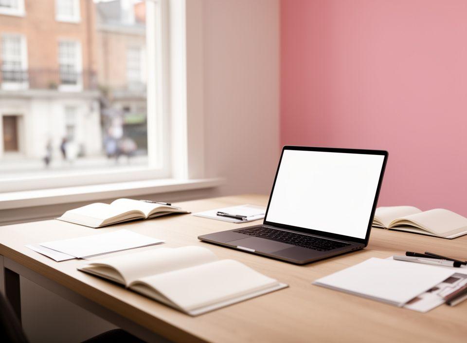 Consulting meeting space in Dublin with notebooks, laptop screens, and a bright street-facing window