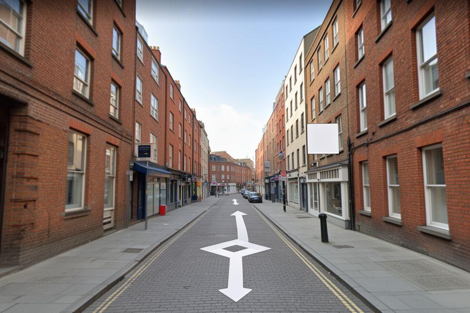 Street-level view of a Dublin office area with brick buildings, pavement, and a clear daytime route marker
