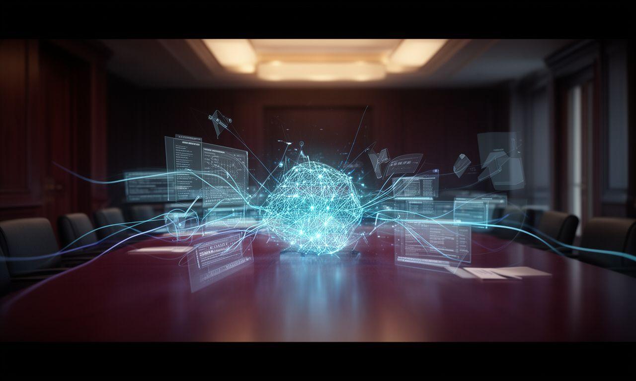 Abstract AI network visual over a Dublin boardroom table with glowing data lines and strategic planning documents
