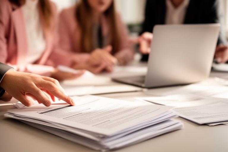 Business team reviewing AI compliance notes in a Dublin office with printed regulation documents on a table