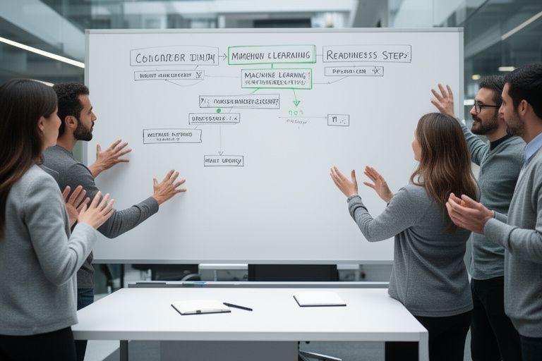 Analysts gathered around a whiteboard in a modern workspace mapping customer data and machine learning readiness steps
