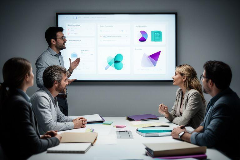 Data scientists and business stakeholders discussing machine learning implementation on a wall display in an office meeting room