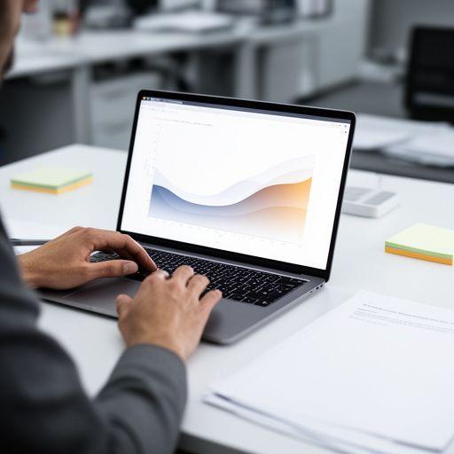 Machine learning specialist reviewing model performance charts on a laptop in a modern workspace