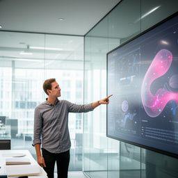 Chief technology officer in a glass meeting room pointing at a machine learning dashboard on a wall display