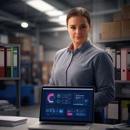 Operations director standing in a warehouse office reviewing automation reports on a laptop